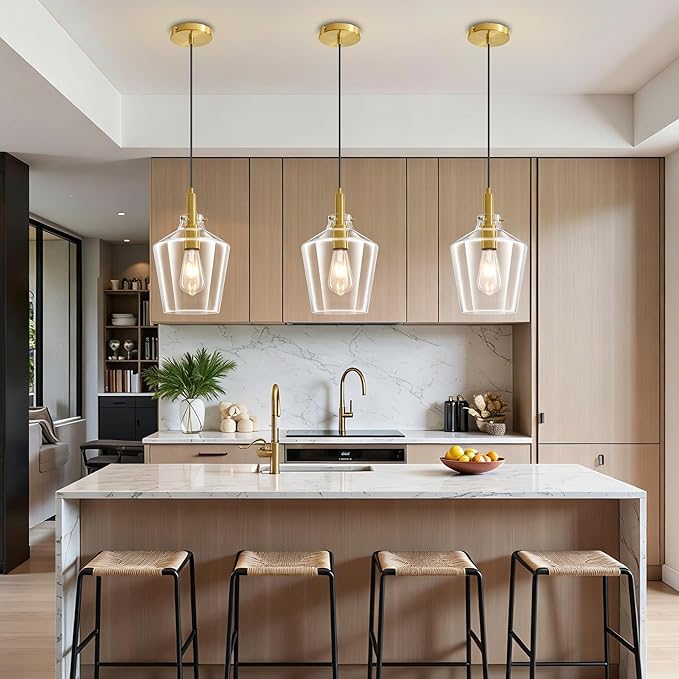 Modern Glass Pendant Lighting for Kitchen Island, Farmhouse Gold Pendant Light Fixtures 3 Pack, Adjustable Hanging Ceiling Light Angled Clear Glass Shades 8 Inch