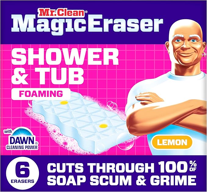 Éponge magique effaceur de taches Mr. Clean, nettoyant pour salle de bain, douche, baignoire, éliminateur de résidus de savon, fournitures de nettoyage de salle de bain, puissance de nettoyage Dawn avec parfum de citron, douche et baignoire, 6 unités