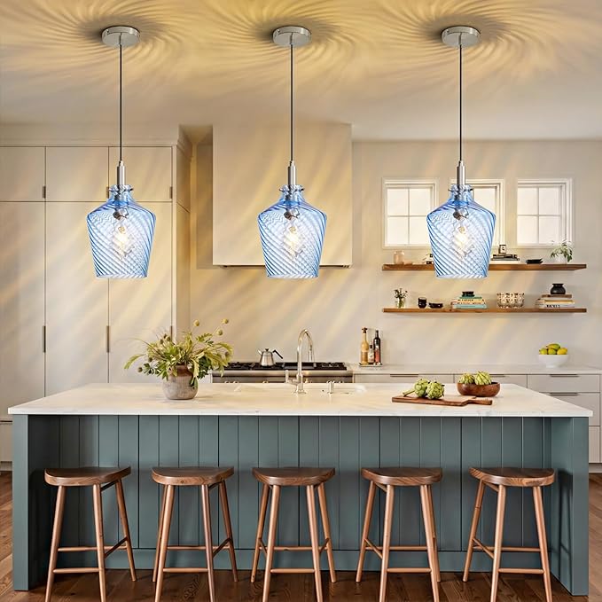 Modern Stripes Blue Glass Pendant Lighting for Kitchen Island 1 Pack, Farmhouse Nickel Pendant Light Fixtures, Height Adjustable Ceiling Pendant Light, 8 Inch