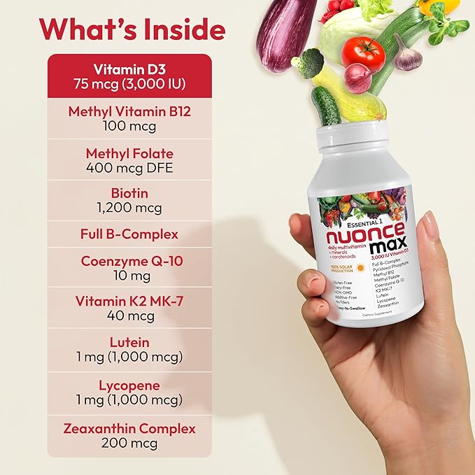 ANDREW LESSMAN Essential-1 nuonce max Multivitamin 3000 IU Vitamin D3 60 Small Capsules. 100 mcg Methyl B12. CoQ10 Lutein Lycopene Zeaxanthin. High Potency. No Additives. Ultra-Mild One Daily Capsule