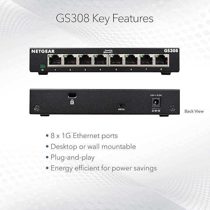 NETGEAR 8-Port Gigabit Ethernet Unmanaged Essentials Switch (GS308) - Home Network Hub, Office Ethernet Splitter, Plug-and-Play, Silent Operation, Desktop or Wall Mount