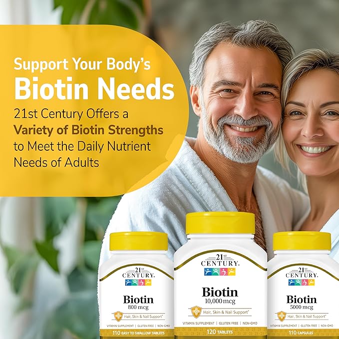 21st Century Biotin 10,000 mcg Tablets (360 Count), High Potency Biotin Supplement, Supports Hair, Skin & Nail Health, Gluten & Sugar-Free, Daily Vitamin B7 Supplement, Non-GMO
