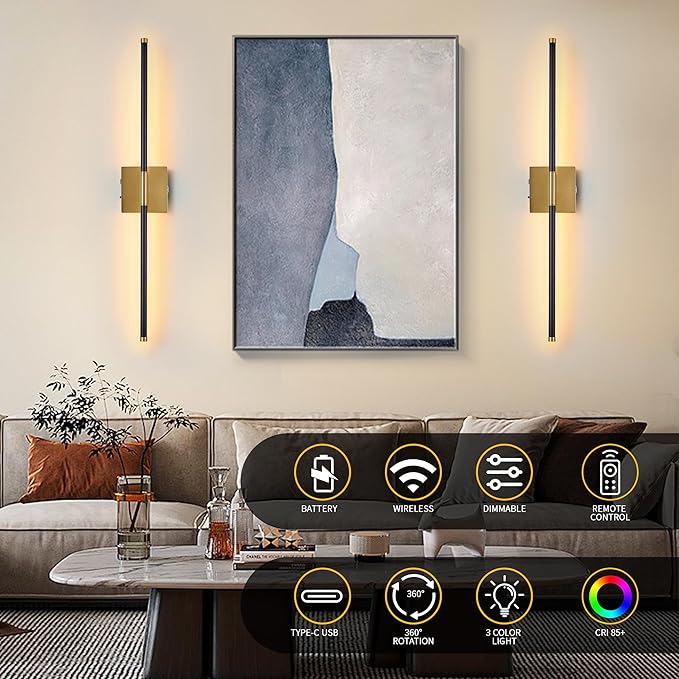 15800 mAh Battery Operated Wall Sconces with Remote Control Dimmable Wall Sconces Set of Two 3000K LED Brass Gold and Black Wireless Wall Light Battery Powered Cordless Rechargeable Sconces Decor