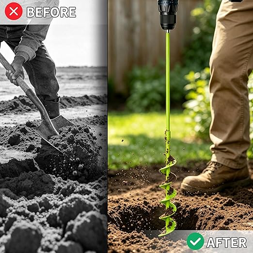 TCBWFY 2x32 Inch Auger Drill Bit for Planting - Long Handle Easy Planter Garden Auger - Bulb & Bedding Plant Augers - Post Hole Digger for 3/8”Hex Drive Drill