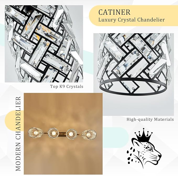 CATINER 40" Crystal Kitchen Island Lighting 4 Lights Modern Black Linear Chandelier Dining Room Light Fixture Over Table Luxury Ceiling Pendant Light Fixture