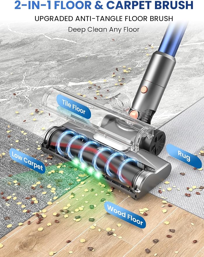 Dzaki Cordless Stick Vacuum Cleaner, 50KPa Brushless Motor Vacuum with Anti-Tangle, LED Display, 55-Min Runtime & Detachable Battery for Pet Hair, Carpet & Hardwood Floors (Blueorange)