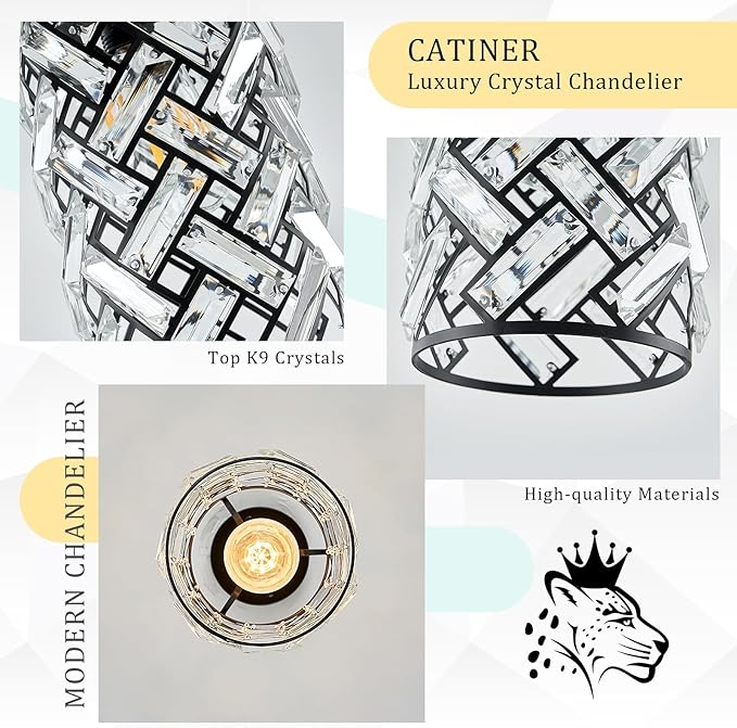 CATINER Modern Black Crystal Pendant Light Fixture - Mini Chandelier for Kitchen Island, Dining Room, Living Room, Hallway, Porch, Bedroom Lighting