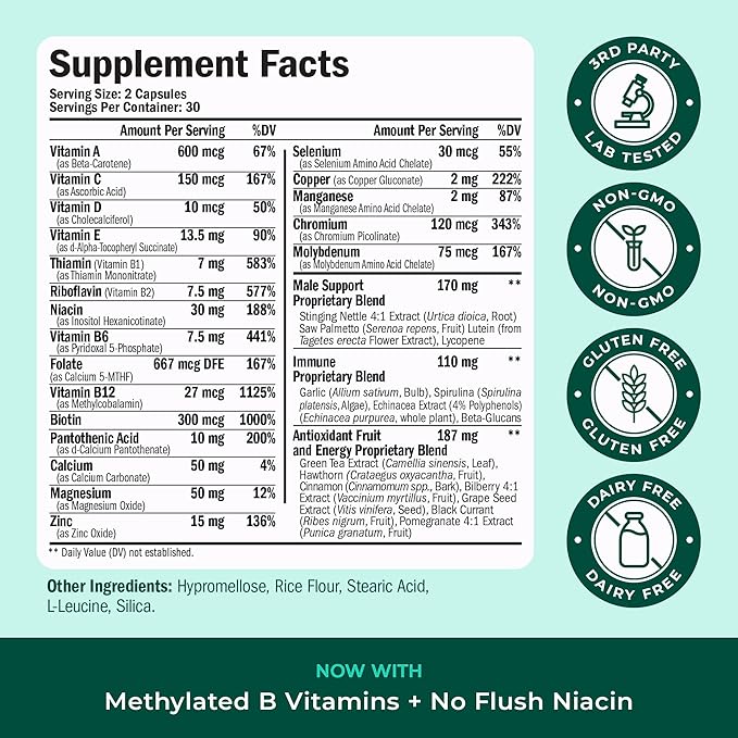 Multivitamine méthylée pour hommes avec vitamines biodisponibles, minéraux chélatés, vitamine D, B12, C, A et zinc pour l'énergie, la concentration et la santé immunitaire – Multivitamines et multiméraux premium pour hommes – 60 gélules