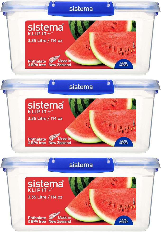 Sistema KLIP IT+ 3.35L Rectangle Food Storage Containers (3-Pack), Stackable & Airtight Food Boxes with Lids, Dishwasher, Freezer, & Microwave-Safe, BPA-Free, School Lunch Boxes