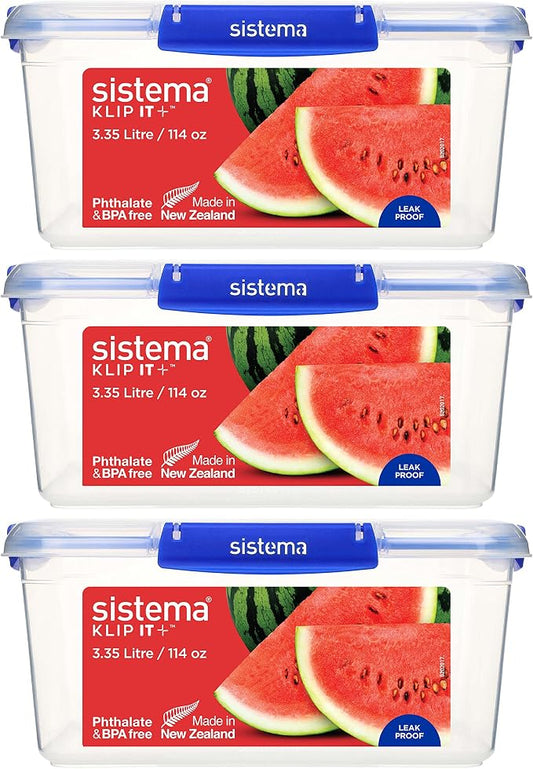 Sistema KLIP IT+ 3.35L Rectangle Food Storage Containers (3-Pack), Stackable & Airtight Food Boxes with Lids, Dishwasher, Freezer, & Microwave-Safe, BPA-Free, School Lunch Boxes