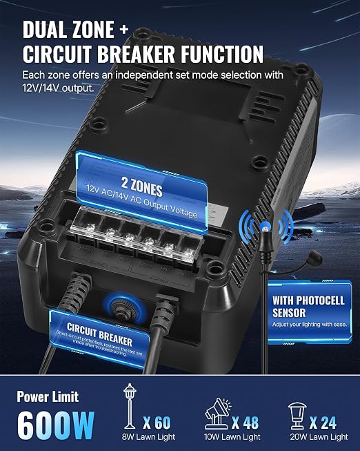600W Low Voltage Landscape Transformer, 2 Zone Independent Control Landscape Lighting Transformer, 120VAC to 12/14V AC Low Voltage Transformer with Timer & Photocell Sensor ETL Listed D25LT06