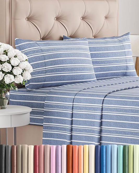 Twin 4 Piece Sheet Set - Comfy Breathable & Cooling - Soft Hotel Luxury Bedding Set with 8-16 Inch Deep Pockets - 1 Flat & 1 Fitted Sheet & 2 Pillowcases - Wrinkle Free & Easy Care - Blue Stripes 3