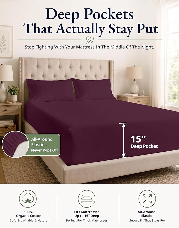LANE LINEN Queen Fitted Sheet & Pillowcases Set (No Flat Sheet) - 100% Organic Cotton Soft & Breathable Percale Weave Fitted Sheet Set - GOTS Certified - 15'' Deep Pocket - Windsor Wine