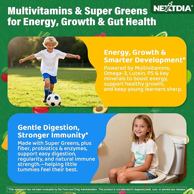 Kids Multivitamin Gummies, 20+ Super Greens Fruit and Veggies Supplement Superfood Daily Gummies with Probiotics for Kids Gummy Vitamins & Minerals for Tummy & Immune Support -Vegan, Sugar Free, 60Cts
