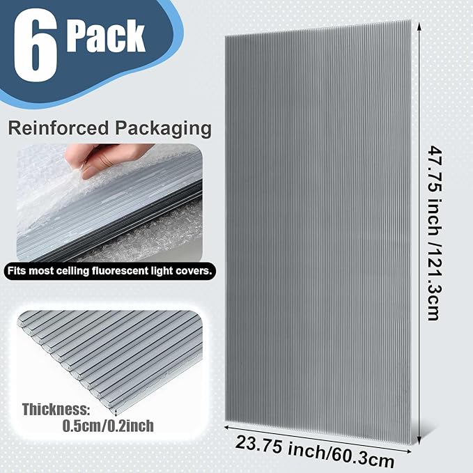 Pushglossy 6 Pack 23.75" x 47.75" x 0.2" Fluorescent Light Covers Classroom Office Diffuser Panels for 2x4ft Drop Ceiling Light Fixture Polycarbonate Replacement Cover for Hospital Home (Clear Black)