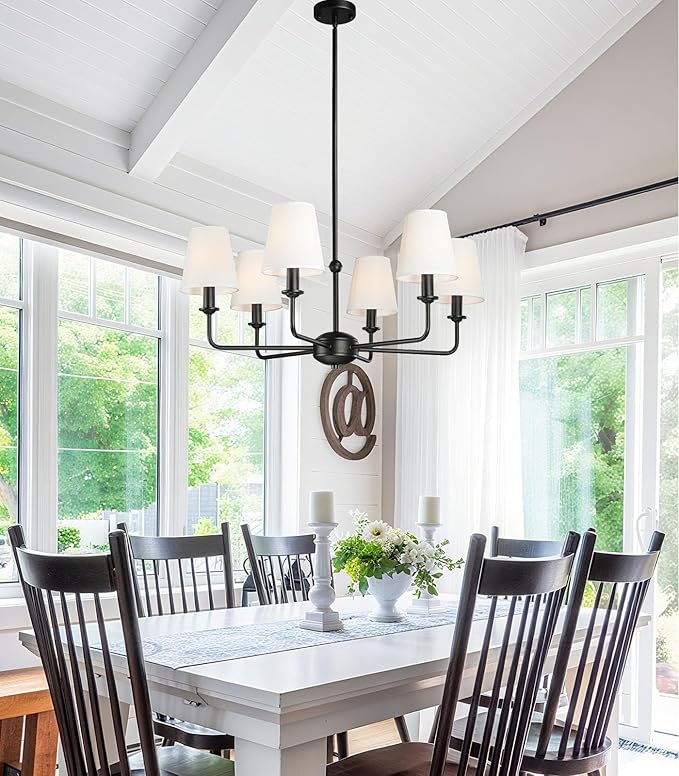6-Light Black Pendant Chandelier with Fabric Shades, E12 Base - Farmhouse & Industrial Style for Kitchen, Living Room, Dining Room, or Bedroom Lighting