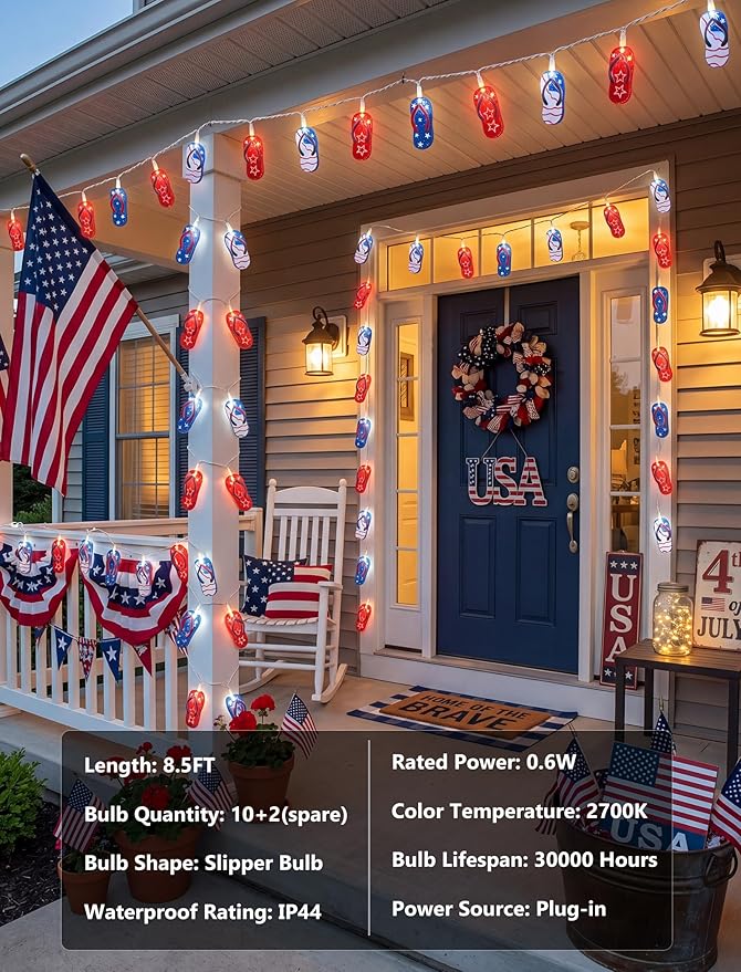 GOOTHY 4th of July Decorations Lights, 8.5Ft 10 Outdoor American Flag Slippers String Lights, Connectable Patriotic Flip Flop Fairy Lights for Outdoor Independence Day Memorial Day Summer Beach Party