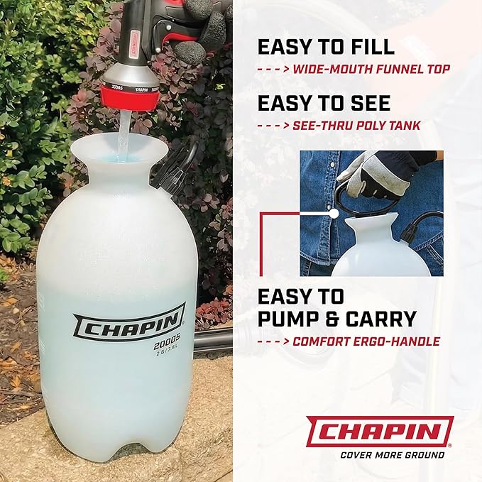 Chapin 20024 Pump Sprayer, 2‑Gallon, Lawn & Garden, Translucent Poly Tank, Funnel‑Top, SureSpray, Adjustable Cone Nozzle & 34" Hose for Fertilizer, Weed & Pest Application, Pack of 2