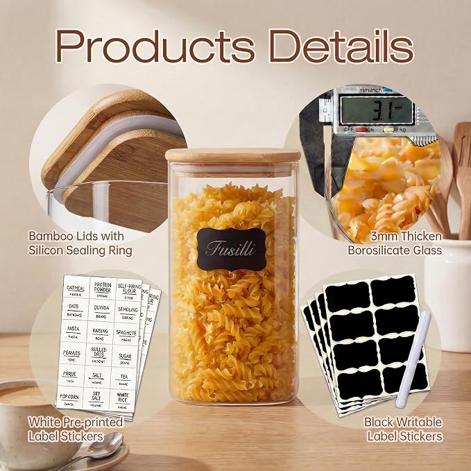 Large Glass Storage Containers 168oz, 2 Pack Pantry Jars with Bamboo Lids | Square Borosilicate Glass Jar with Airtight Lid Keep Flour, Sugar & Rice Fresh, Fits 5lb Bag, BPA-Free for Pantry Organizer