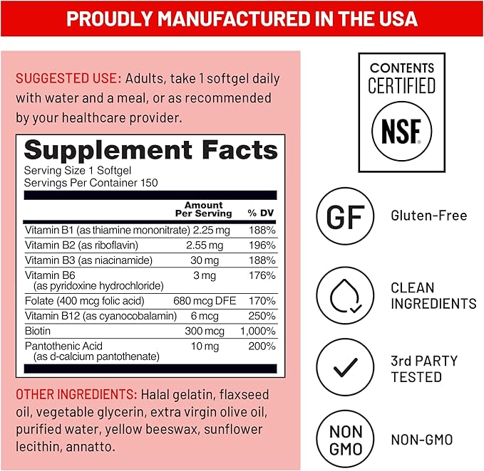 NatureWise Vitamin B Complex for Women and Men - with Folic Acid Biotin B1 B2 B3 B6 B12 - Support Cellular Energy & Mental Clarity - Gluten & Dairy Free, Non-GMO - 150 Softgels[5-Month Supply]