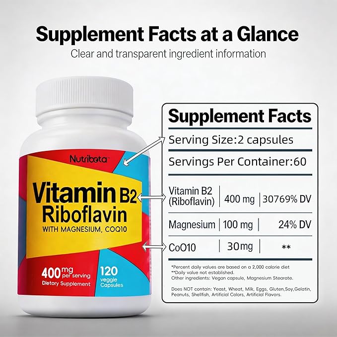 ビタミンB2リボフラビン400mg、マグネシウム＆CoQ10配合、高効能ビタミンB2サプリメント、エネルギー代謝と毎日の健康維持に、植物性カプセル120粒、60日分