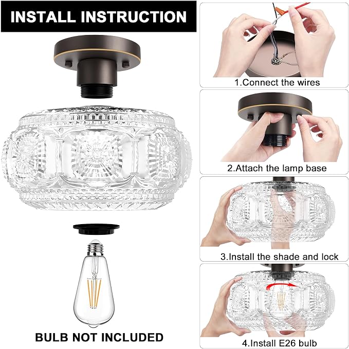 Semi Flush Mount Ceiling Light, Globe Glass Ceiling Light Fixture, Oil Rubbed Bronze with Gold Trim Modern Lighting for Hallway Bedroom Entryway Kitchen Porch, Bulb Not Included