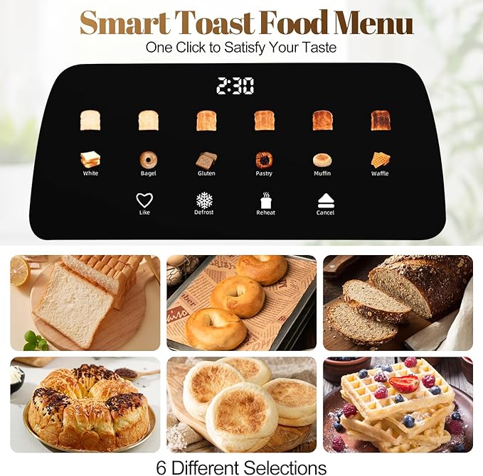 Tesslux 4 Slice Toaster with Touch Screen Control, 1.5" Wide Long Slots, 6 Browning Levels & 6 Bread Types, Digital Timer, Memory, Defrost, Reheat (White, 4 Slice)