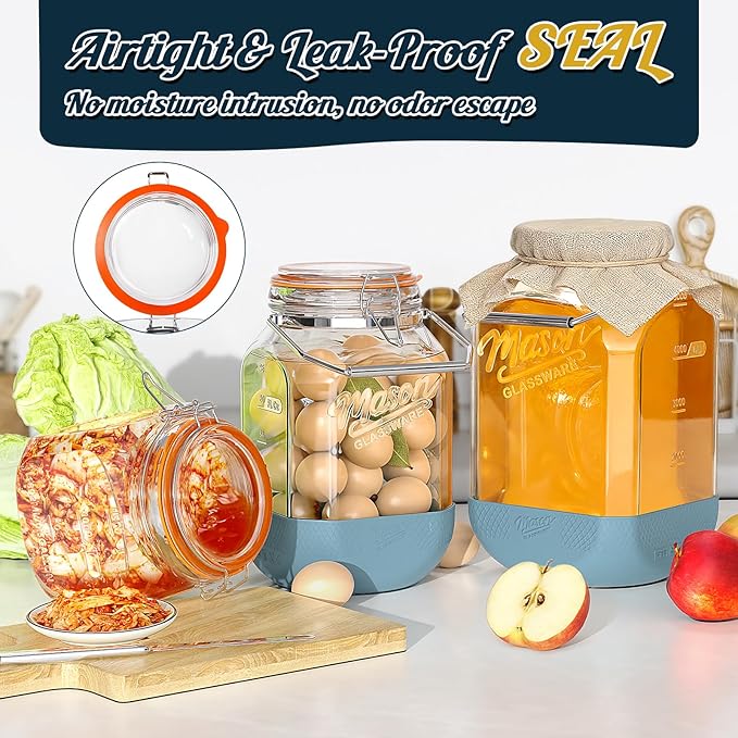 2 Pack Square 1 Gallon Glass Jar with Airtight Lid, Large Mason Jars Wide Mouth 128 Oz with Scale Marks & Handle, Glass Storage Containers with Anti-slip Base for Kitchen, Pantry, Laundry Room, Flour