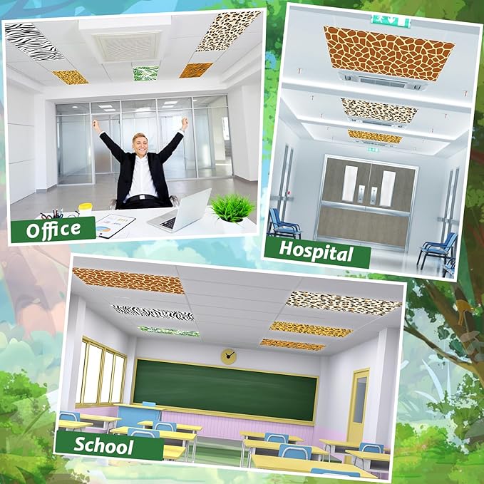8Pcs Safari Animal Fluorescent Light Covers for Classroom Colorful Ceiling Light 4x2Ft Magnetic Lights Cover Filter Easy Install for Back to School Office Hospital Ceiling Supply (Jungle Animal)