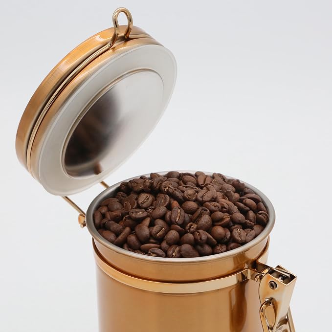 PRINCE G Airtight Coffee Canister, Light-Blocking Stainless Steel Coffee Storage Container with Scoop, 260g Coffee Bean Storage Jar, Bronze