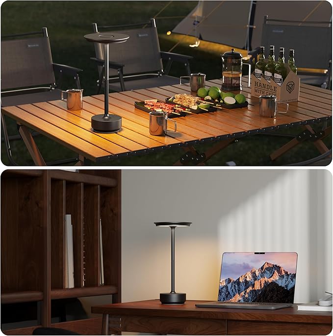 TBBGA 1 Pack Cordless Rechargeable Table Lamps, Portable 5000mAh Restaurant Table Lamp, 3 Color Stepless Dimming LED Table Light with Memory Function, for Outdoor/Dinner/Patio/Camping.(Black)