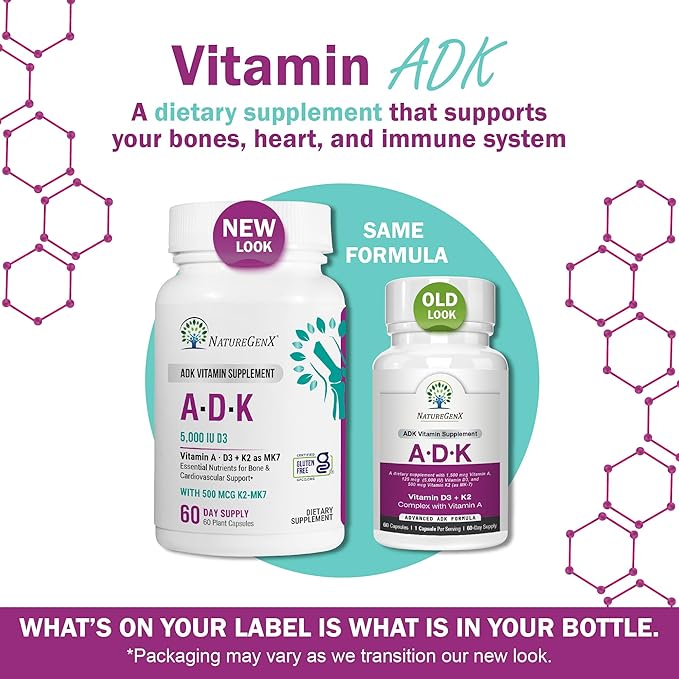 ADK Vitamin Supplement 5000 IU - High Potency Vitamins A, D3, and K2 for Bone Health and Calcium Absorption | Gluten-Free Vitamin ADK Supplement, 60 Day Supply, 60 Capsules