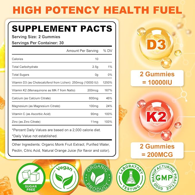 Gummies Vitamine D3 K2 avec D3 10000 UI et K2 200 MCG, Supplément 6 en 1 de Vitamine D avec Magnésium, Zinc et Calcium pour le Soutien des Os, de l'Immunité et de l'Énergie, Sans Sucre, Saveur Orange, 60 Unités