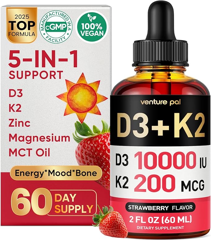 Venture Pal Vitamine D3 10000 UI et K2 MK-7 200mcg 5-en-1 avec Magnésium, Huile MCT, Zinc, Vitamine D Liquide Sans Sucre | Absorption Maximale pour la Santé des Os, l'Humeur et le Système Immunitaire - 60 ml, 67 Jours