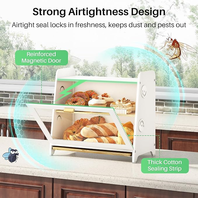 SNTD Bread Box for Kitchen Countertop, Airtight Homemade Bread Storage Container with Adjustable Vent Holes, Bamboo Cutting Board (White, L)