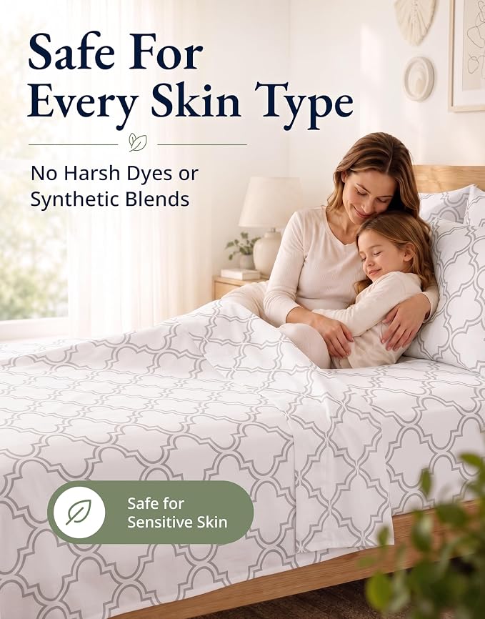 LANE LINEN Twin XL Fitted Sheet, 100% Organic Cotton 2-Piece Set (1 Fitted Sheet,1 Pillowcase),Percale Weave,Bottom Sheet, Soft, Breathable,Fits Mattress Upto 15" Deep - Trellis Silver(No Flat Sheet)