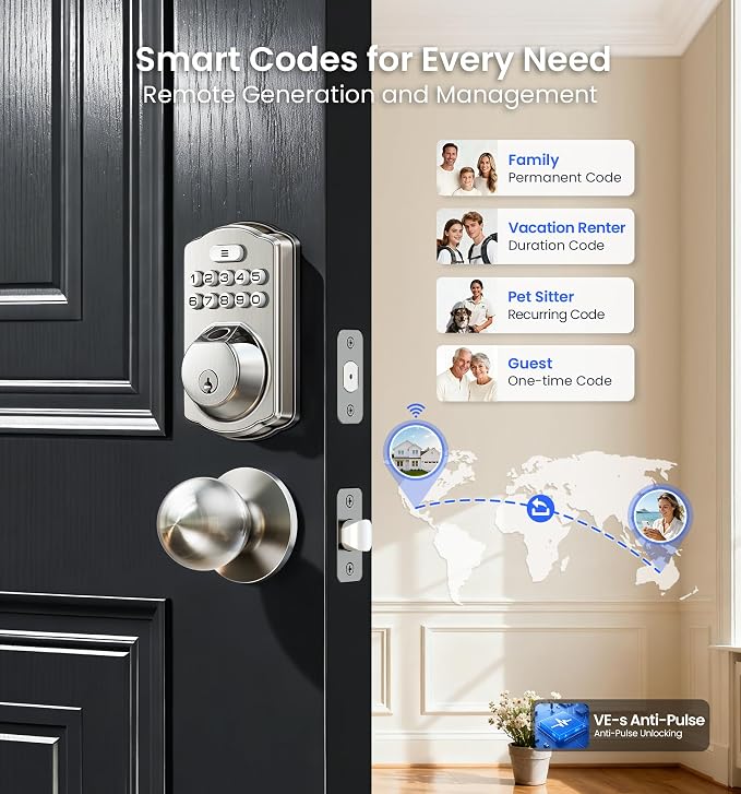 Veise VE012W-K Built-in WiFi Fingerprint Smart Lock with 2 Knobs, No Hub Needed, Remote APP Control, Keyless Entry Door Lock, Smart Deadbolt for Front Door, Auto Locking, Satin Nickel