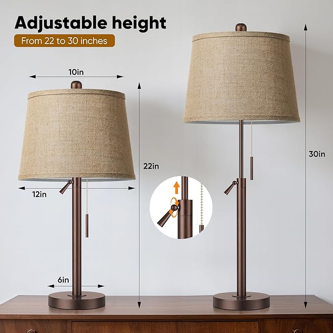 PARTPHONER Bedside Lamps Set of 2, Tall Table Lamps for Living Room, Height Adjustable Nightstand Lamps for Bedroom, Modern End Table Lamps with Pull Chain(LED Bulbs Included), Oil Rubbed Bronze