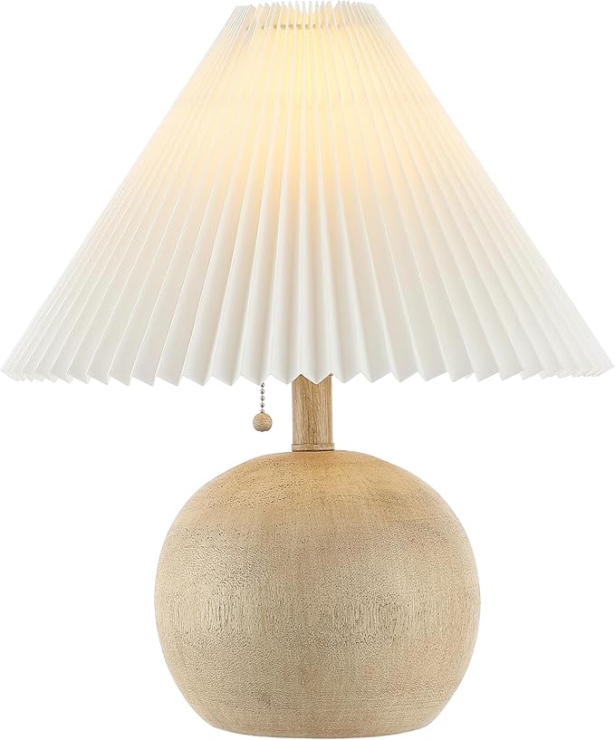 JONATHAN Y 17.25" Beige Wood Finish/White Sphere Table Lamp, Mid-Century Bedside Nightstand with Beige Pleated Linen Shade, Scandinavian Coastal Style, LED Bulb Included (JYL1145B)