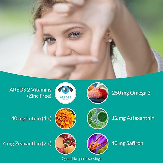 UpNourish AREDS 2 Plus Eye Vitamin Supplement, AREDS 2 Zinc Free Formula with Lutein, Zeaxanthin, Saffron, Astaxanthin & DHA - 120 softgels