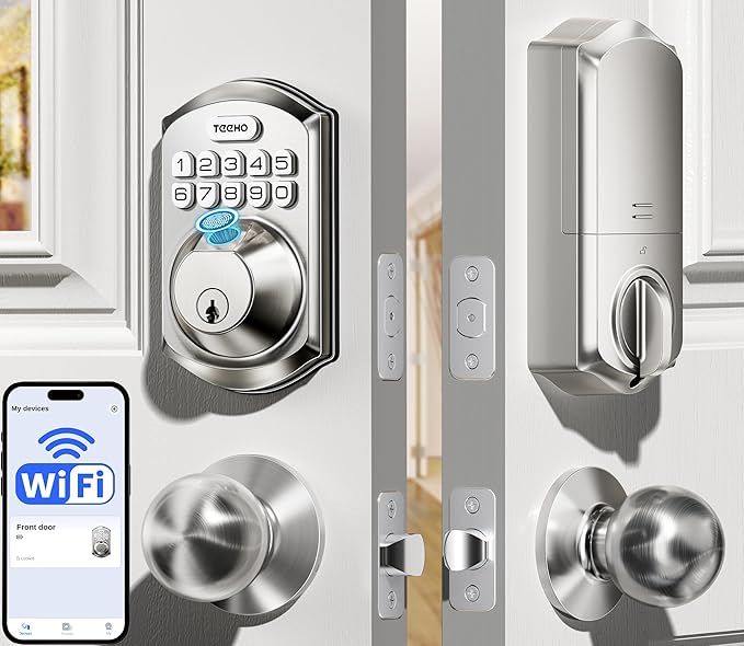 TEEHO TE012W-K WiFi Smart Keyless Entry Door Lock with Handle, Fingerprint Door Knob & Digital Keypad, APP Remote Control, Works with Alexa & Google, Electronic Deadbolt for Front Door, Satin Nickel