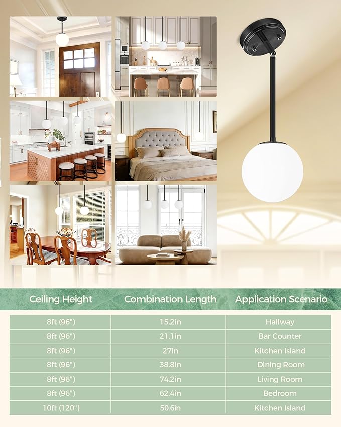 Majade Globe Pendant Lights Kitchen Island Mid Century Modern Pendant Light Fixtures 7.4 Inch Black Ceiling Lighting with Milk White Glass Shade Adjustable Hanging Light for Dining Room Living Room