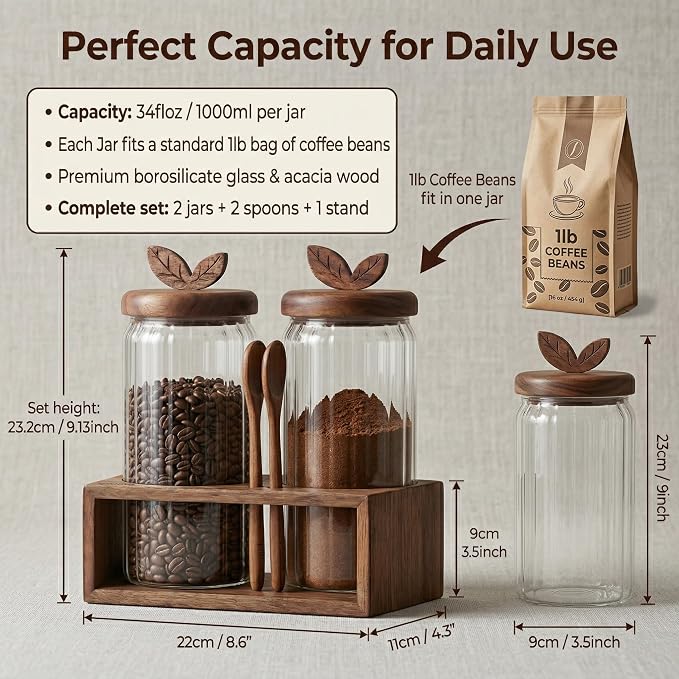 Glass Coffee Canister Set of 2 with Acacia Wood Lids and Spoons - Airtight Coffee Container for Ground Coffee, Sugar - Coffee Bar Accessories with Organizer Tray for Kitchen Counter (34floz Each)