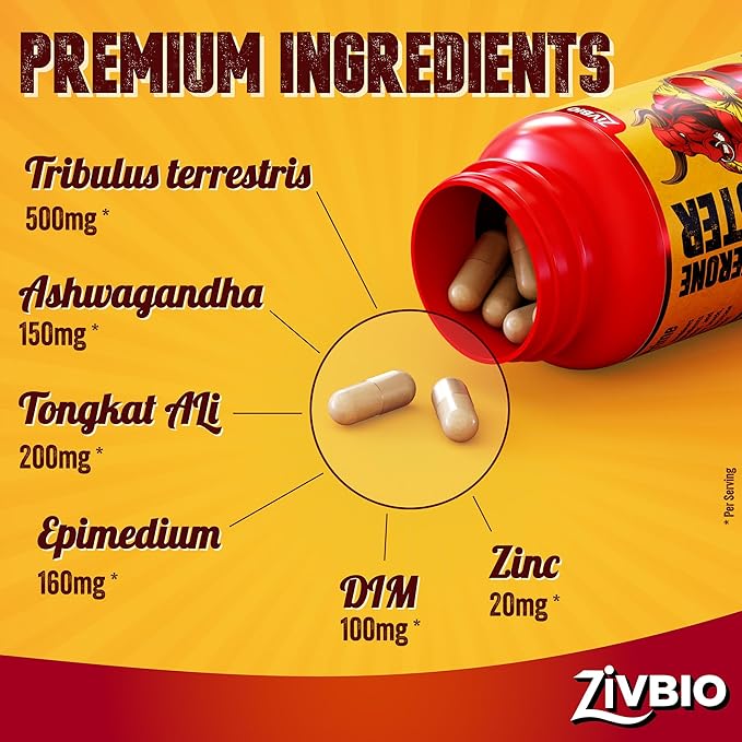 Testosterone Booster for Men - Male Enhancing Supplement for Muscle Growth, Energy, Strength & Recovery - Ashwagandha, Tongkat Ali, DIM, Zinc, Tribulus - Helps Improve Fast Acting Blood Flow - 60ct