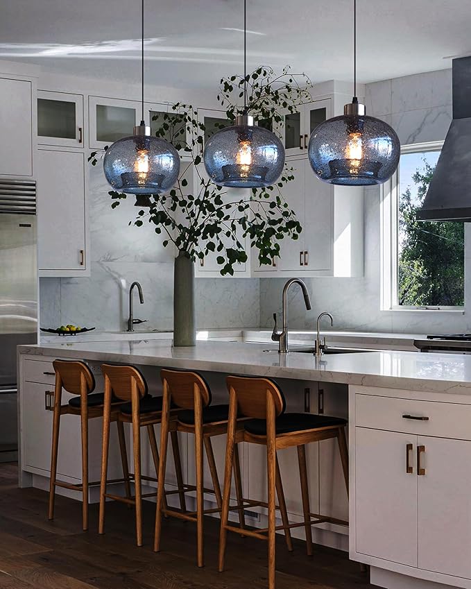 CASAMOTION Glass Pendant Lights Kitchen Island Modern Farmhouse Blue Ceiling Hanging Light Fixtures Globe Over Table Sink Foyer Entryway Brushed Nickel 8.7 Inch Diameter