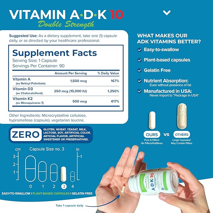 Complément Alimentaire Vitamine ADK Power By Naturals – ADK 10 Haute Puissance avec Vitamines A, D3 10 000 UI & K2 MK7 pour la Santé Osseuse – Complément Vitamine A D K – 90 Gélules, Lot de 2 (6 Mois de Traitement)