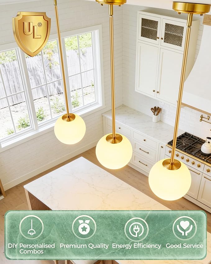 Majade Globe Pendant Lights Kitchen Island Mid Century Modern Pendant Light Fixtures 7.4 Inch Gold Ceiling Lighting with Milk Glass Shade Adjustable Brushed Brass Hanging Light for Dining Room