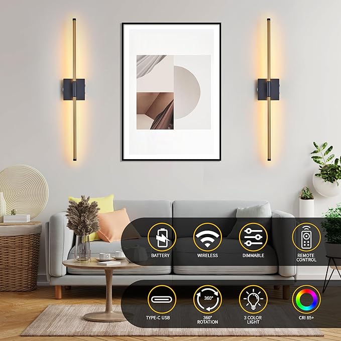 15800 mAh Battery Operated Wall Sconces with Remote Control Dimmable Wall Sconces Set of Two 3000K LED Brass Gold and Black Wireless Wall Light Battery Powered Cordless Rechargeable Sconces Decor