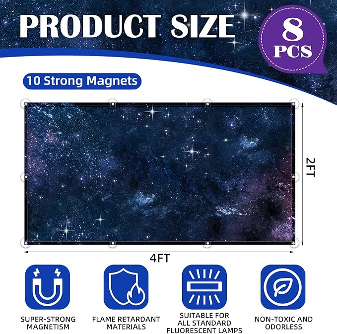 ANGSYLTH 8 Pcs Fluorescent Light Covers - 4 x 2 Feet Covers for Ceiling Lights, 8 x 10 Magnetic Light Filters for Classroom, Office, Hospitals (Starry Sky)