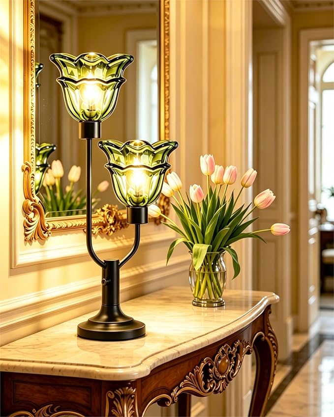 Lightdot Green Glass Flower Table Lamp Dimmable Nightstand Lamp Mid Century Modern Vintage Black Desk Lamp 2 Bulbs Included Warmwhite Ambient Bedside Lamp for Living Room Bedroom Home Office Decor